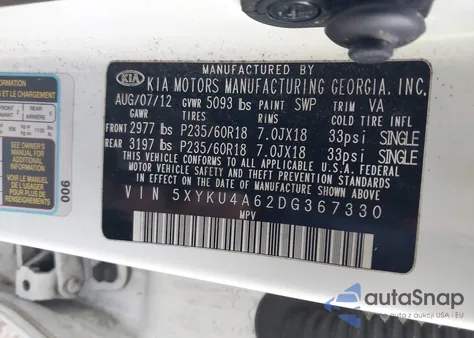 2013 Kia Sorento Ex from USA, damaged, VIN 5XYKU4A62DG367330